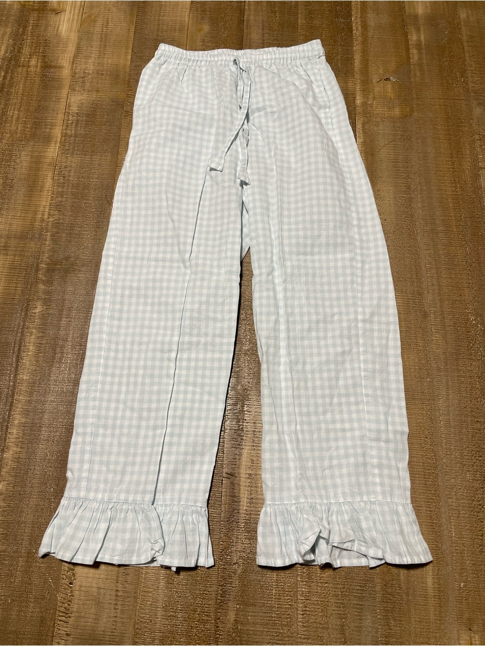 Light Blue Gingham Women’s Pajama Pants with Ruffle Hem